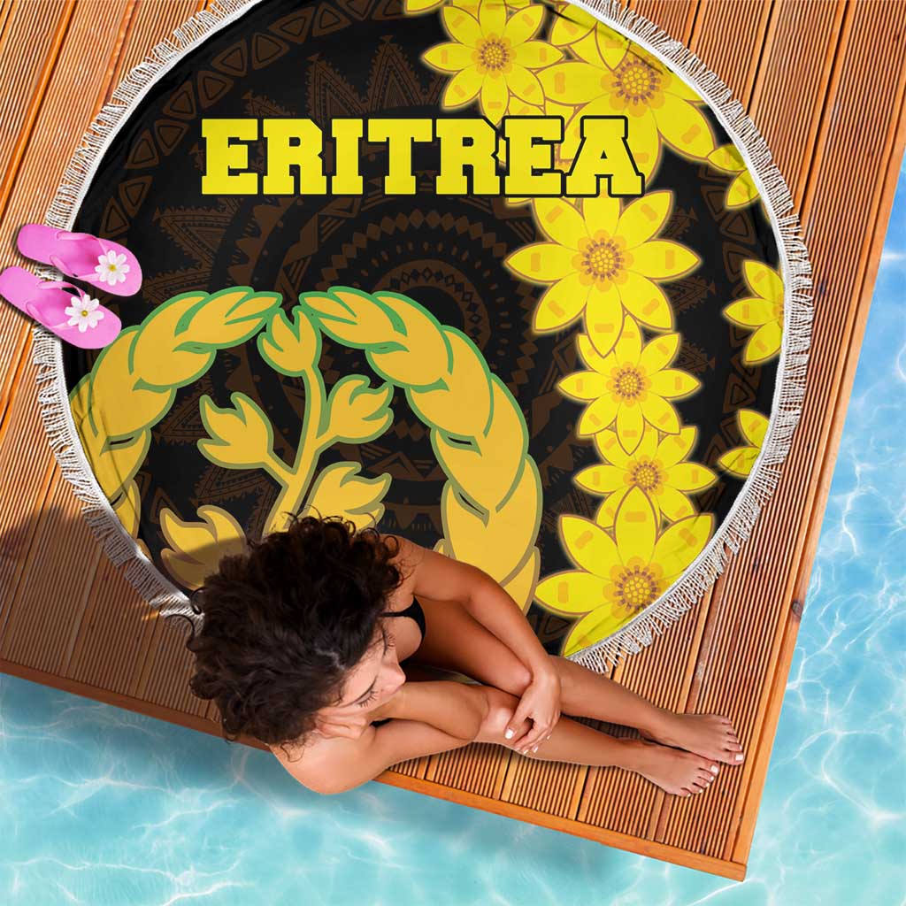 Round Eritrea beach blanket with fringed edge, black center with yellow flowers and green tree