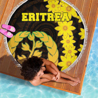Round Eritrea beach blanket with fringed edge, black center with yellow flowers and green tree