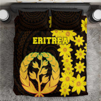 Black Eritrea bedding set with two pillows; yellow flowers and coat-of-arms tree design