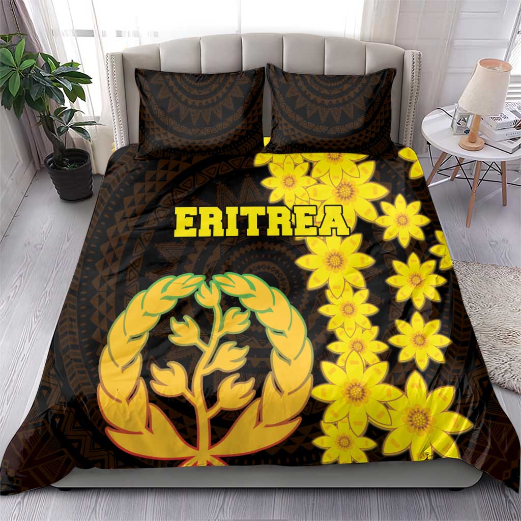 Black bedding set with two pillows and duvet; yellow flower print and “ERITREA” text