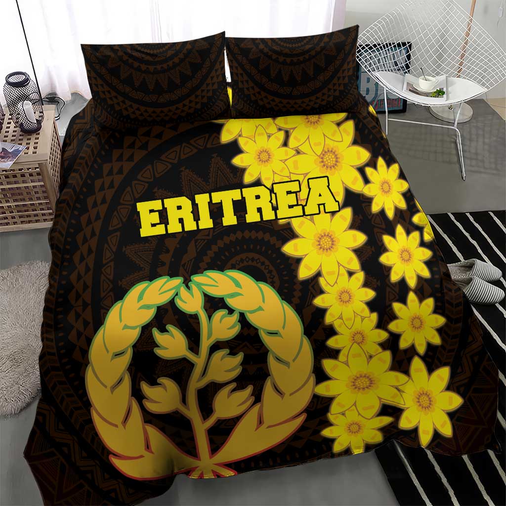 Black duvet with two pillows; large yellow flower cluster and coat-of-arms emblem, “ERITREA”