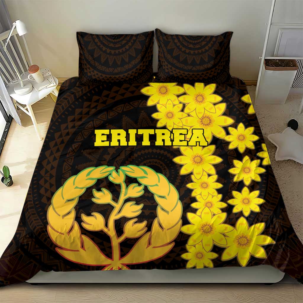Black bedding set with two pillows; yellow flowers and tree coat-of-arms emblem with “ERITREA”