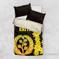 Black bedding set with two pillows and duvet; yellow flowers and coat-of-arms tree, “ERITREA”
