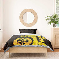 Black bedding set with duvet and pillow; yellow flower and tree emblem with “ERITREA” text