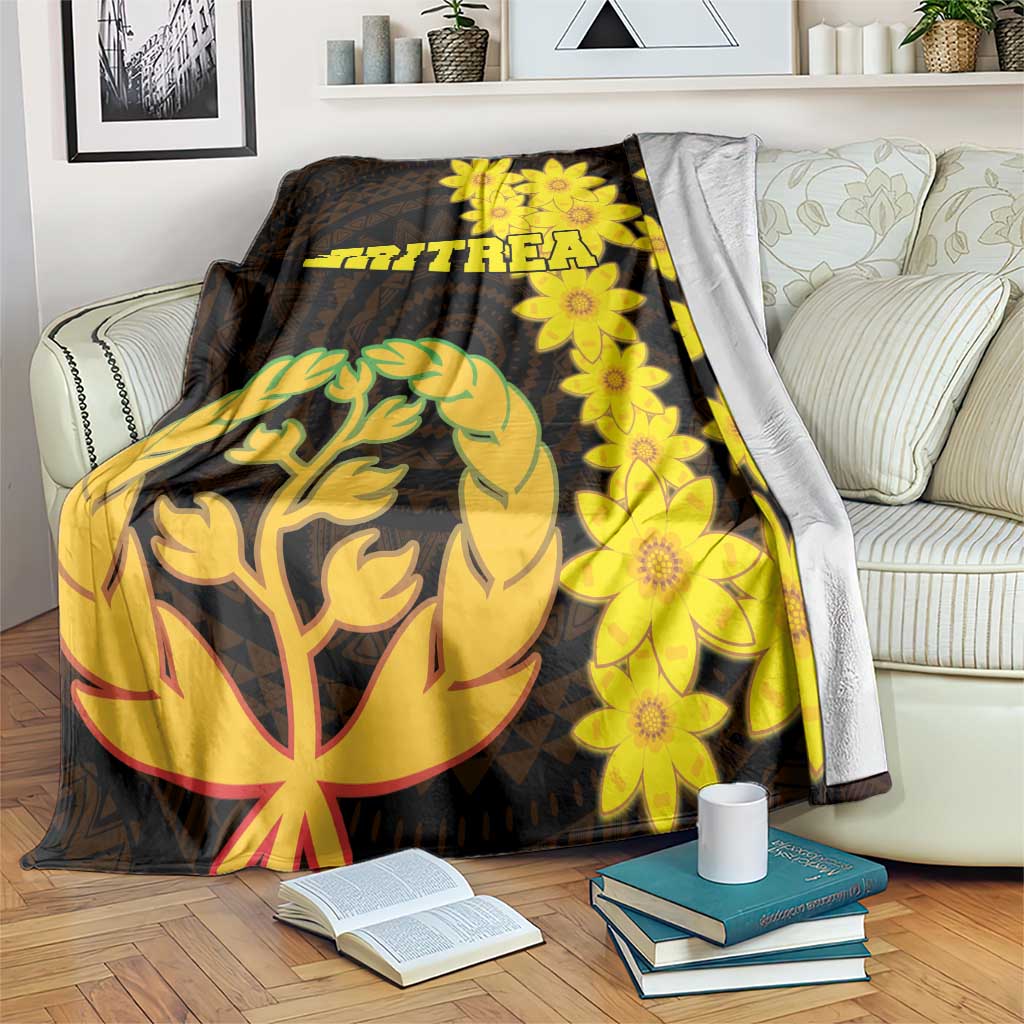 Black Eritrea throw blanket with yellow floral coat of arms, ERITREA text across center.