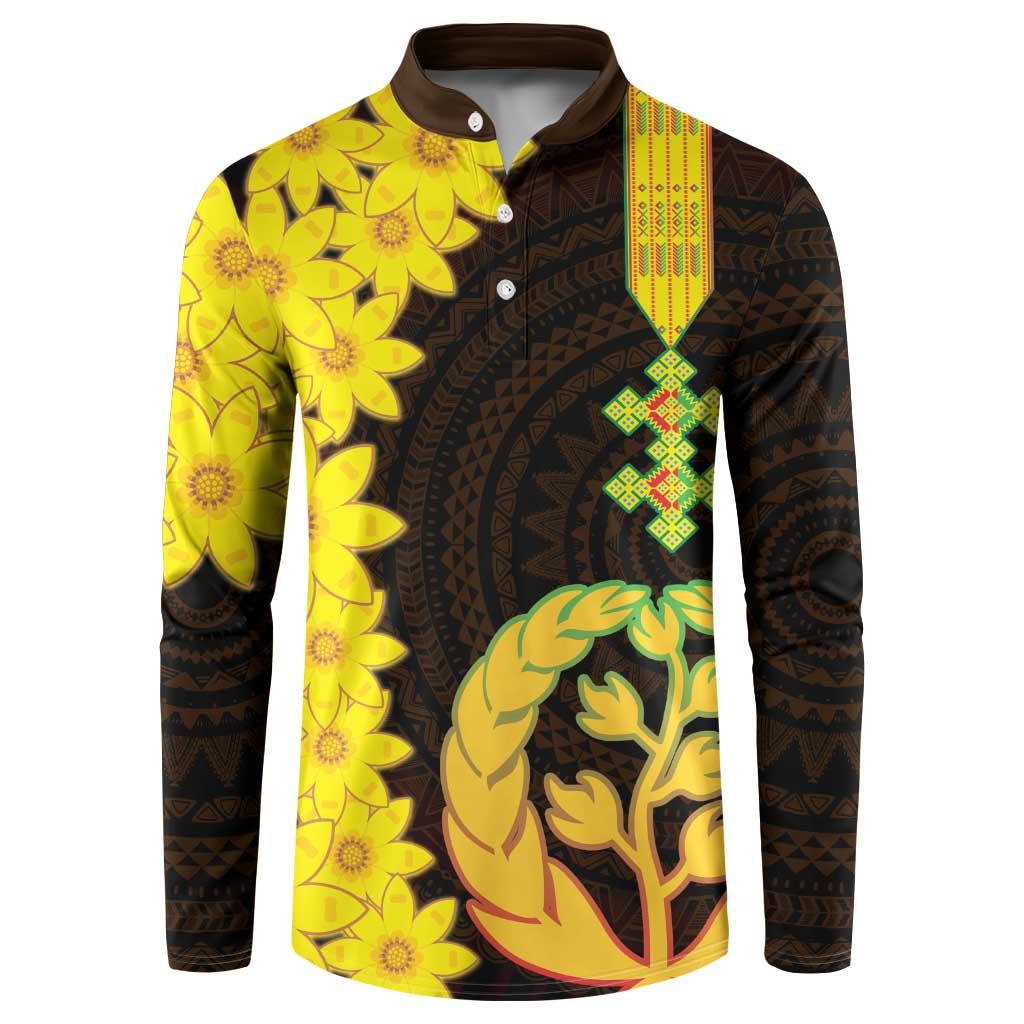 Button-front sweatshirt with Eritrea coat of arms graphic and yellow floral accents, long sleeves