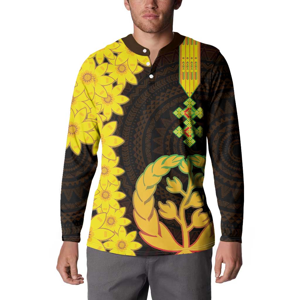 Men's button-front sweatshirt with Eritrea coat of arms print and yellow floral sleeves