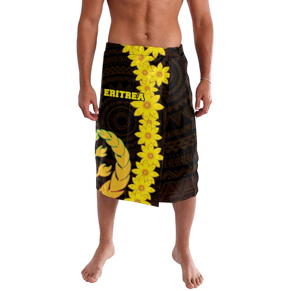 Black lavalava skirt with bright yellow floral border and “ERITREA” coat of arms design