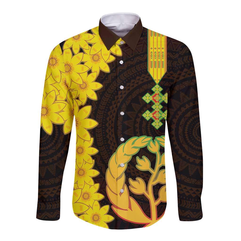 Long sleeve button-up shirt with Eritrea coat of arms graphic, black and yellow