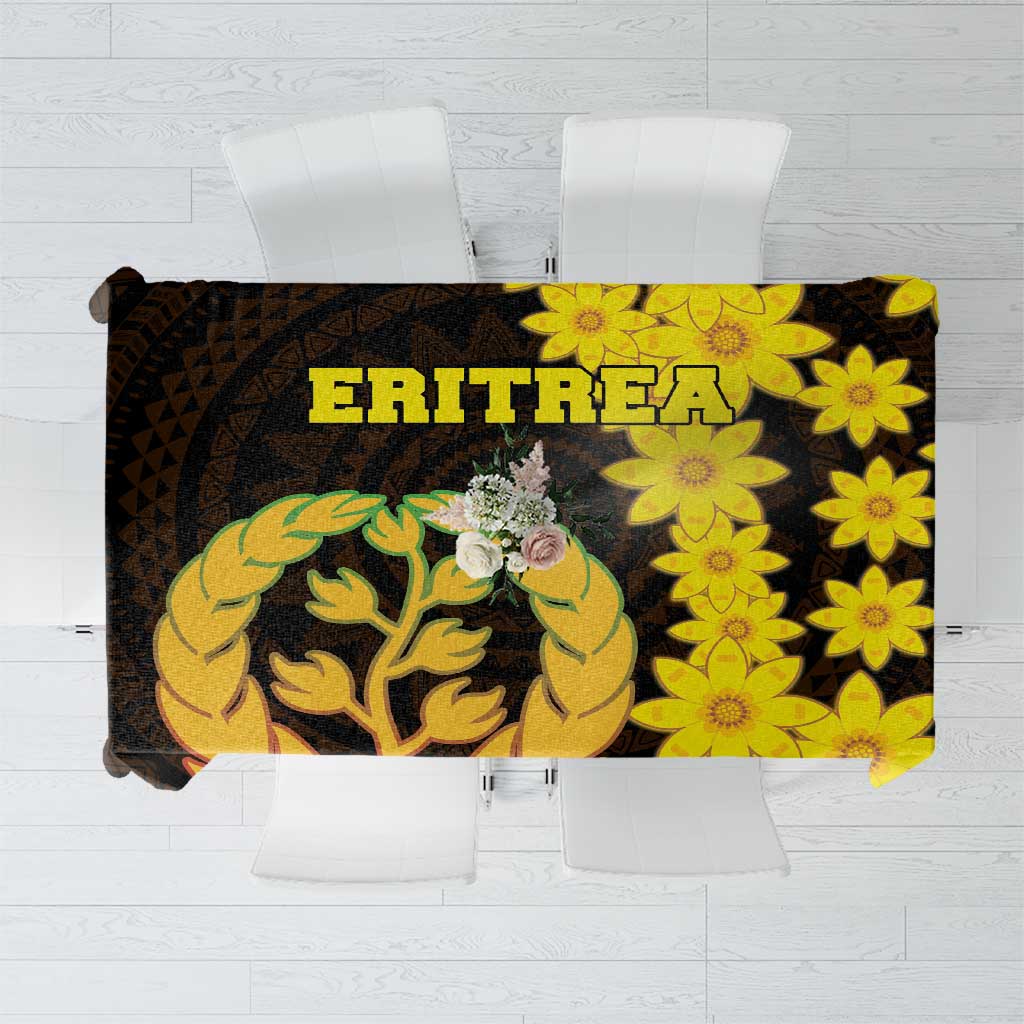 Black Eritrea tablecloth with coat of arms and yellow flower border