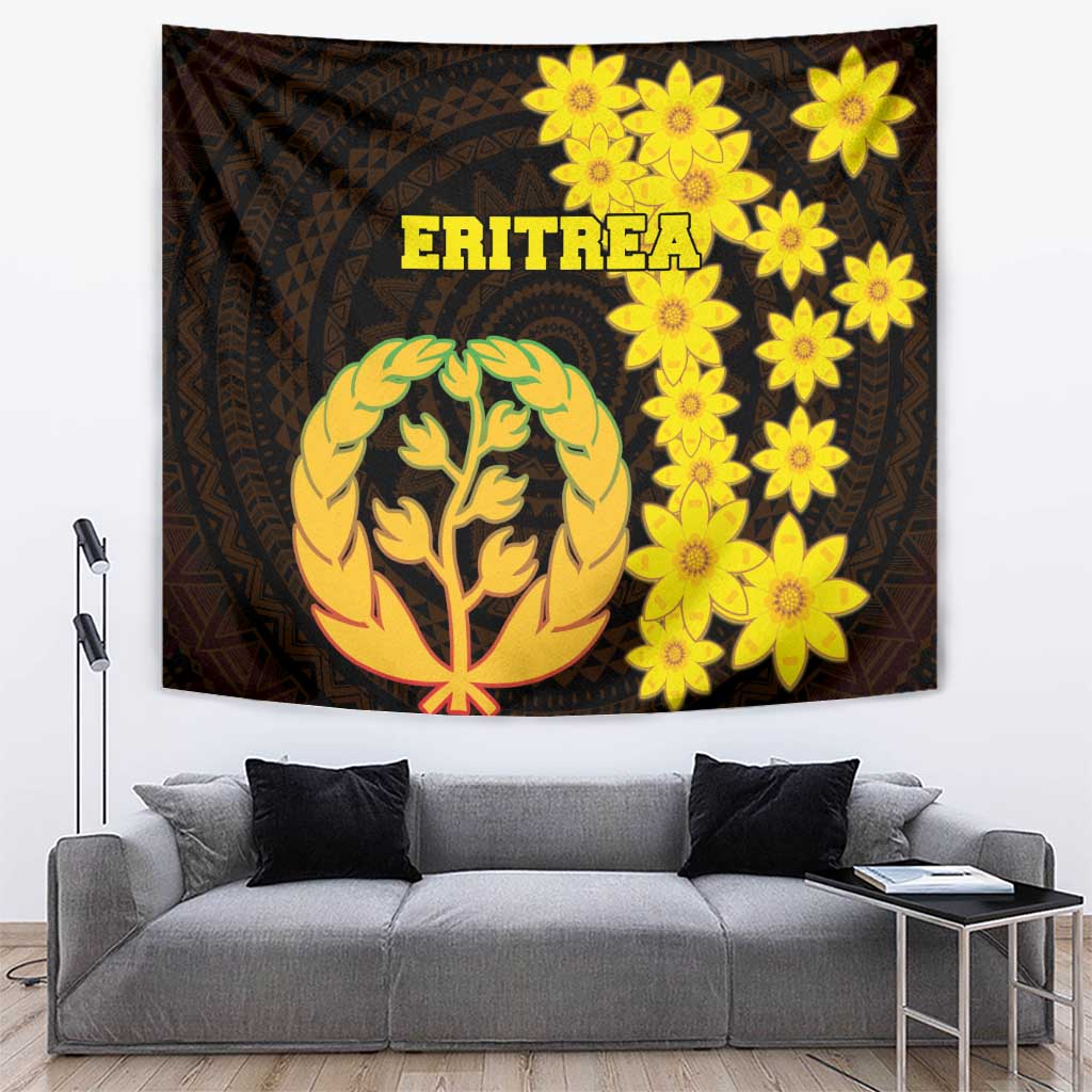 Black Eritrea tapestry with gold tree emblem, yellow flowers, and “ERITREA” text
