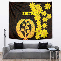 Black Eritrea tapestry with gold tree emblem, yellow flowers, and “ERITREA” text