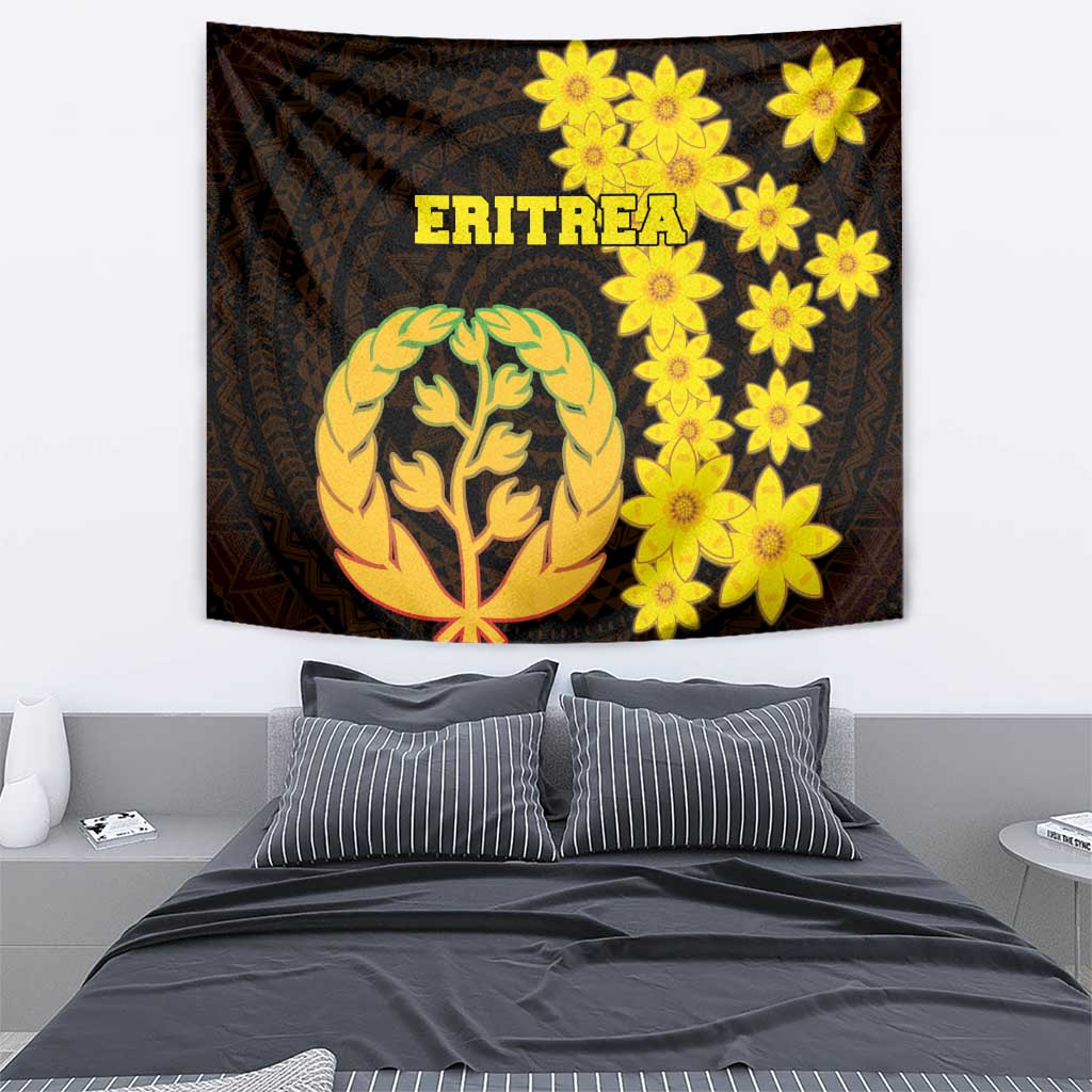 Rectangular Eritrea tapestry featuring gold tree emblem, yellow blossoms, and “ERITREA”