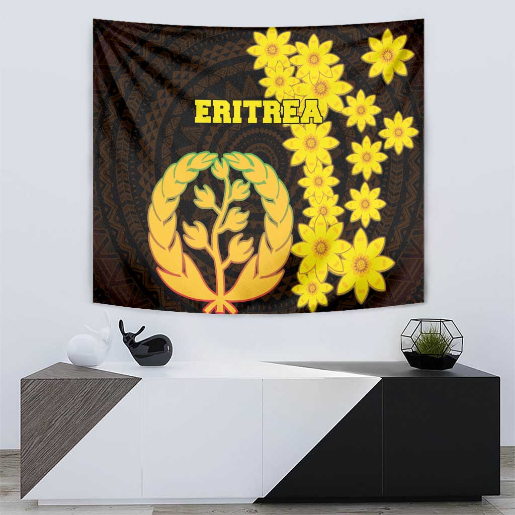 Black Eritrea tapestry with large gold tree emblem, bright yellow flowers, and “ERITREA”