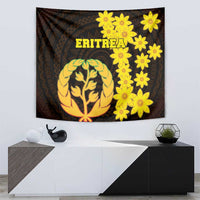 Black Eritrea tapestry with large gold tree emblem, bright yellow flowers, and “ERITREA”