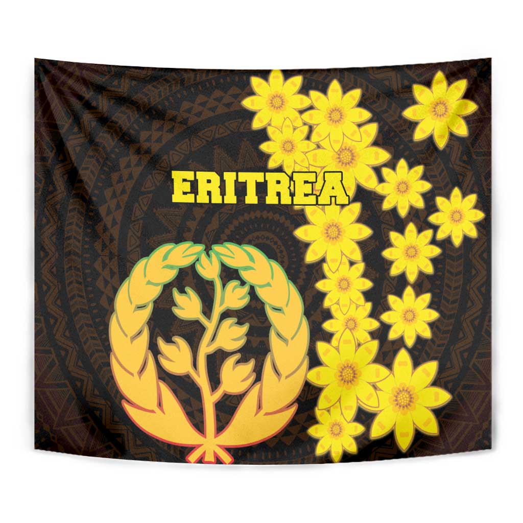 Close-up view of Eritrea tapestry: gold tree emblem, yellow flowers, and “ERITREA” text