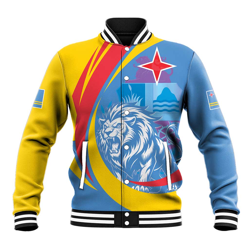 Multicolor varsity baseball jacket with roaring lion crest, striped rib cuffs and collar