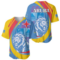 Blue and yellow baseball jersey with roaring lion and red star, front and back shown