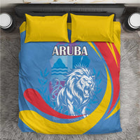 Aruba bedding set: blue duvet with roaring lion and ARUBA text, plus yellow pillow covers