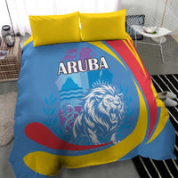 Aruba duvet and pillow set: blue cover with roaring lion graphic and ARUBA title, yellow pillows