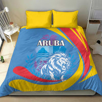 Aruba bedding set: blue duvet featuring roaring lion and ARUBA text, with yellow pillow covers