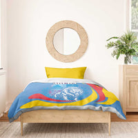 Aruba duvet set: blue bedspread with roaring lion graphic and ARUBA text, yellow pillow covers