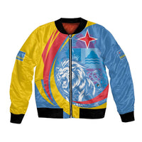 Unisex bomber jacket, blue/yellow panels, roaring lion front graphic, black ribbed trim