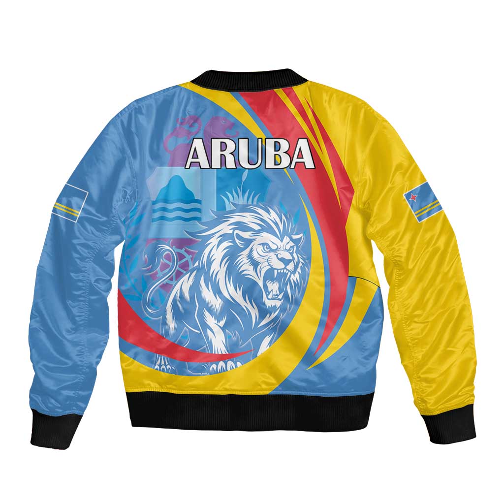 Unisex bomber jacket, blue/yellow panels, ARUBA text and lion head back graphic