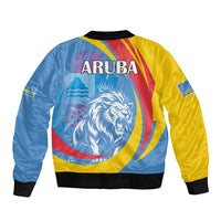 Unisex bomber jacket, blue/yellow panels, ARUBA text and lion head back graphic