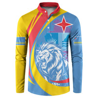 Roaring lion crest button henley sweatshirt with red collar, blue/yellow/red color blocks
