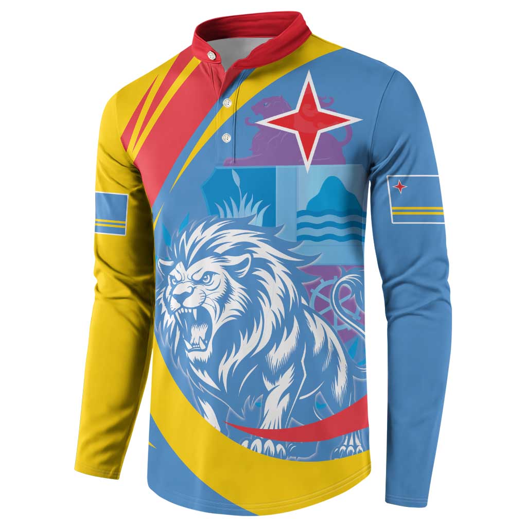 Long-sleeve button henley sweatshirt with roaring lion crest, red collar, blue/yellow/red panels