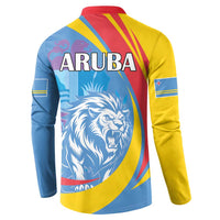 Back view button henley sweatshirt with ARUBA text, roaring lion graphic, red collar, blue/yellow