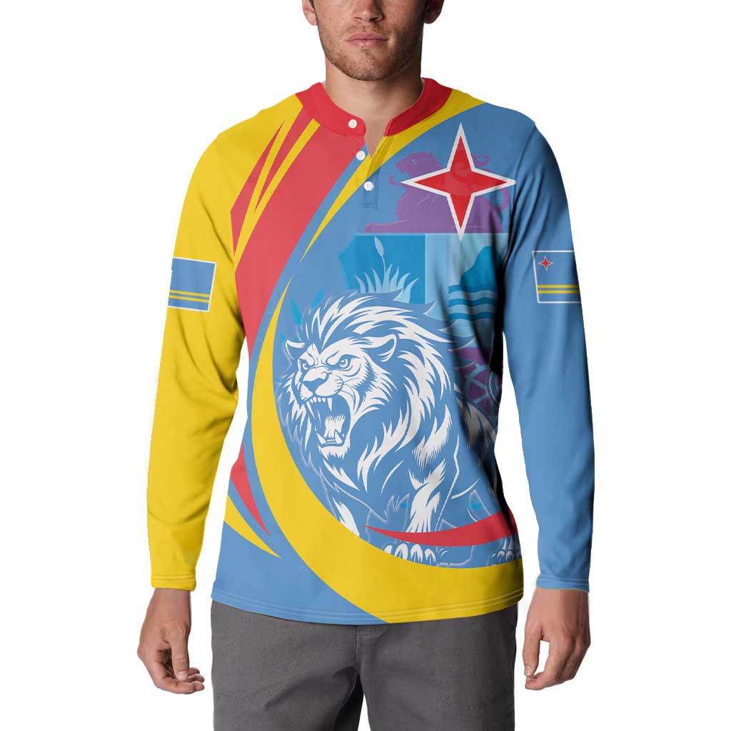 Roaring lion graphic button henley sweatshirt with red collar, blue/yellow/red color blocks