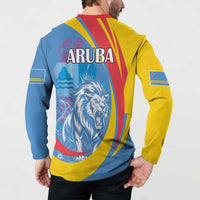 Back view button henley sweatshirt with ARUBA text, lion graphic, red collar, blue/yellow/red