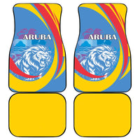Front car floor mats with Aruba lion print, blue background and yellow backing, 2-piece view