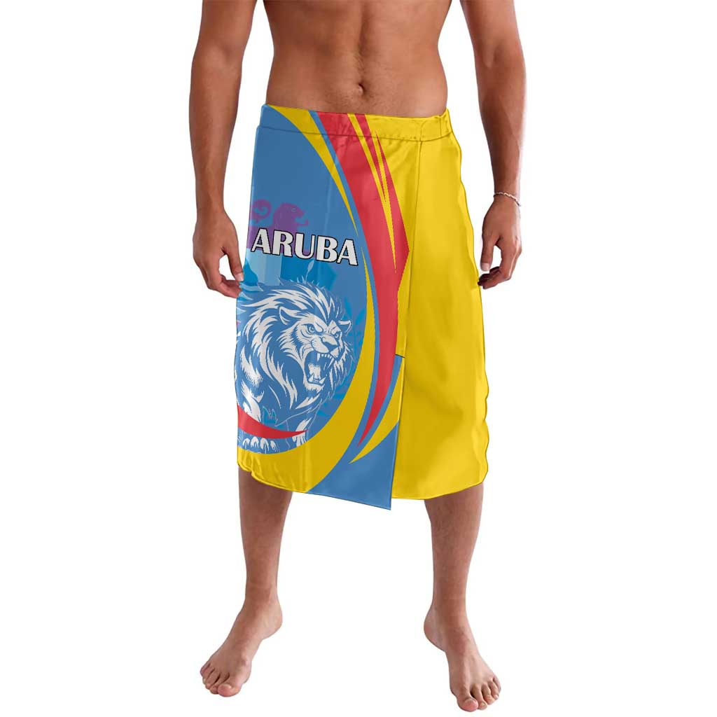 Yellow lavalava with Aruba lion graphic and blue panel, front waist drawstring
