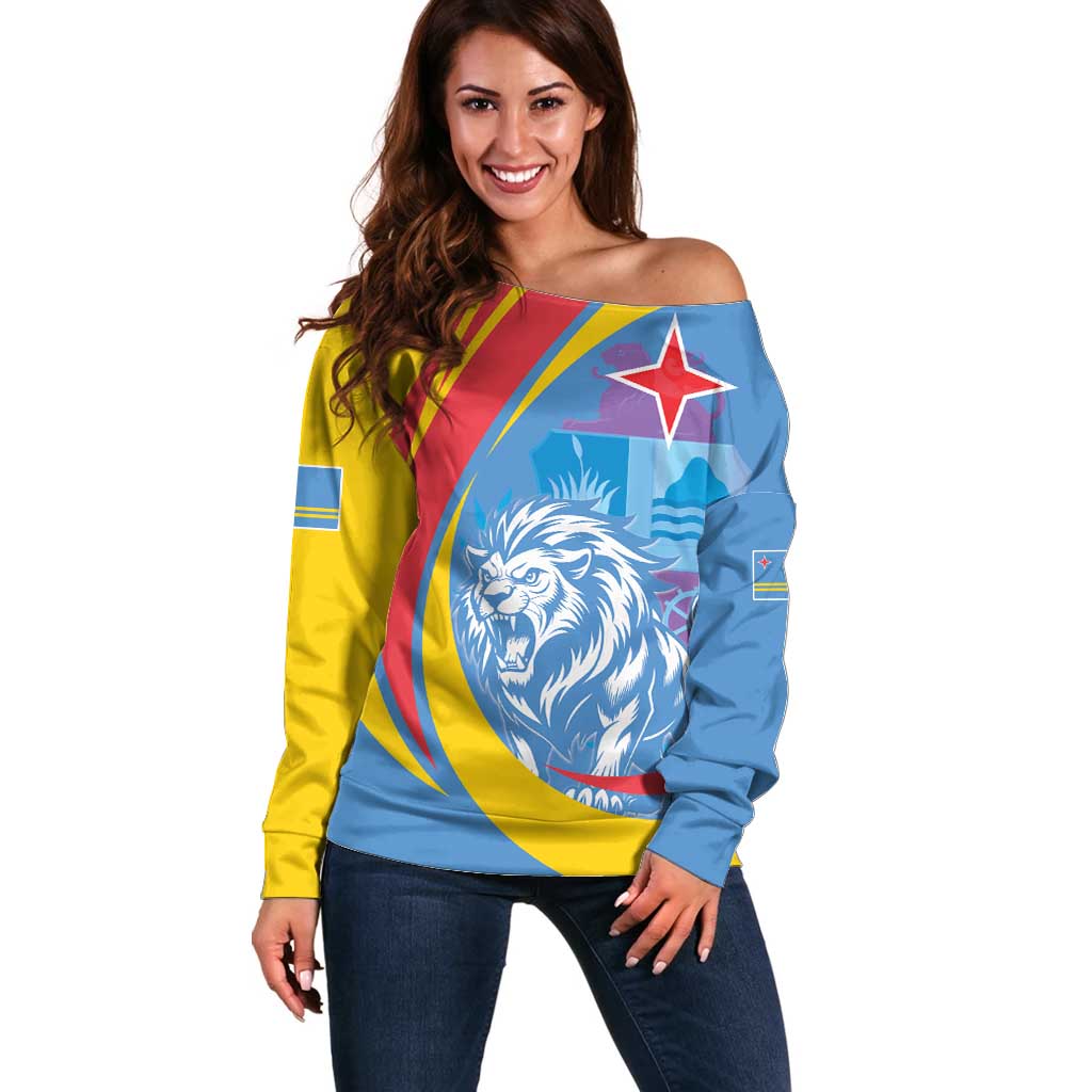 Aruba Lion Roaring Off Shoulder Sweater With Coat Of Arms - Wonder Print Shop