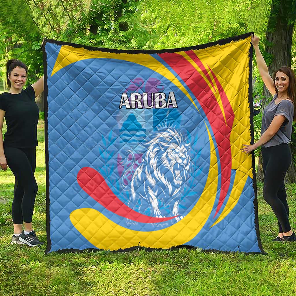Aruba quilt blanket with roaring lion center print, ARUBA wordmark, blue yellow red