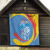 Aruba quilt blanket hanging on wall, roaring lion design, ARUBA wordmark, blue yellow red