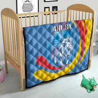 Aruba quilt blanket on toddler bed, roaring lion artwork, ARUBA text, blue yellow red design
