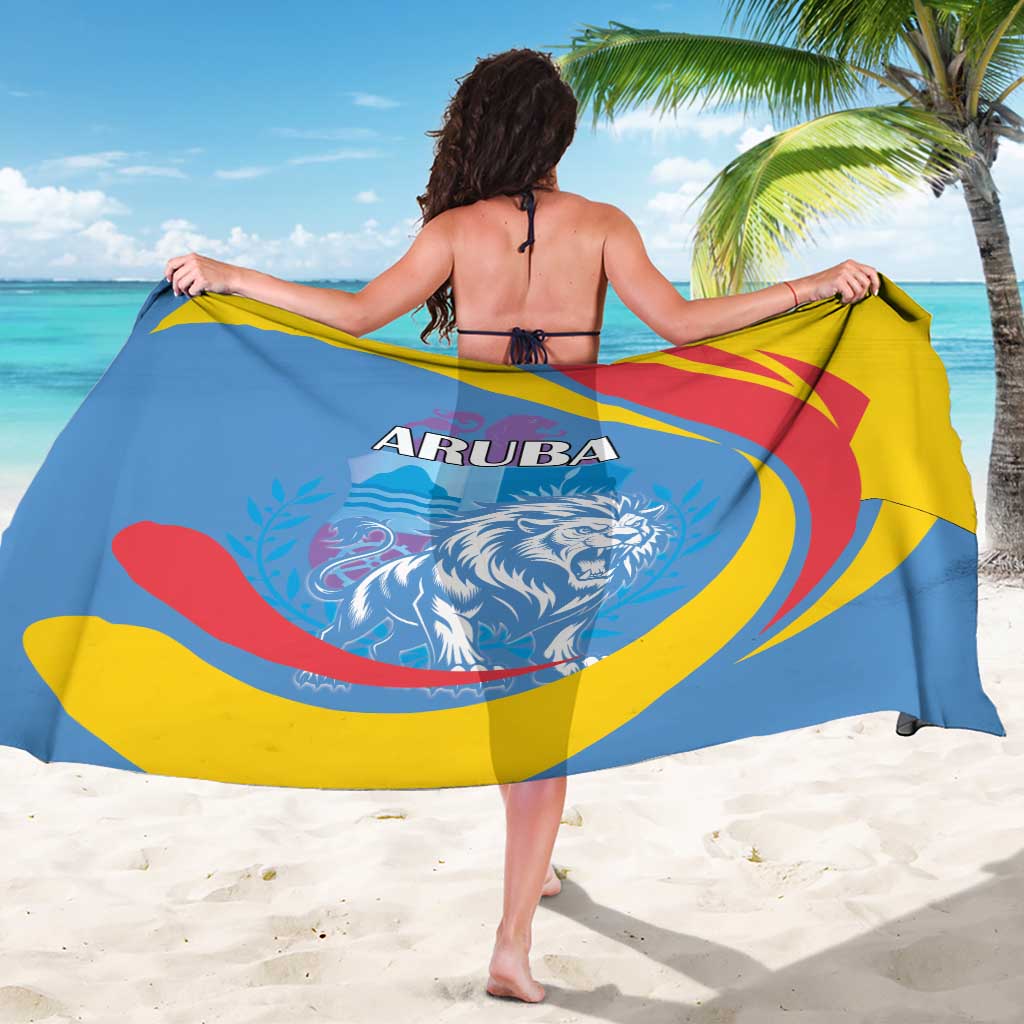 Blue Aruba lion sarong, multicolor swirl stripes with 'ARUBA' logo, wrap towel