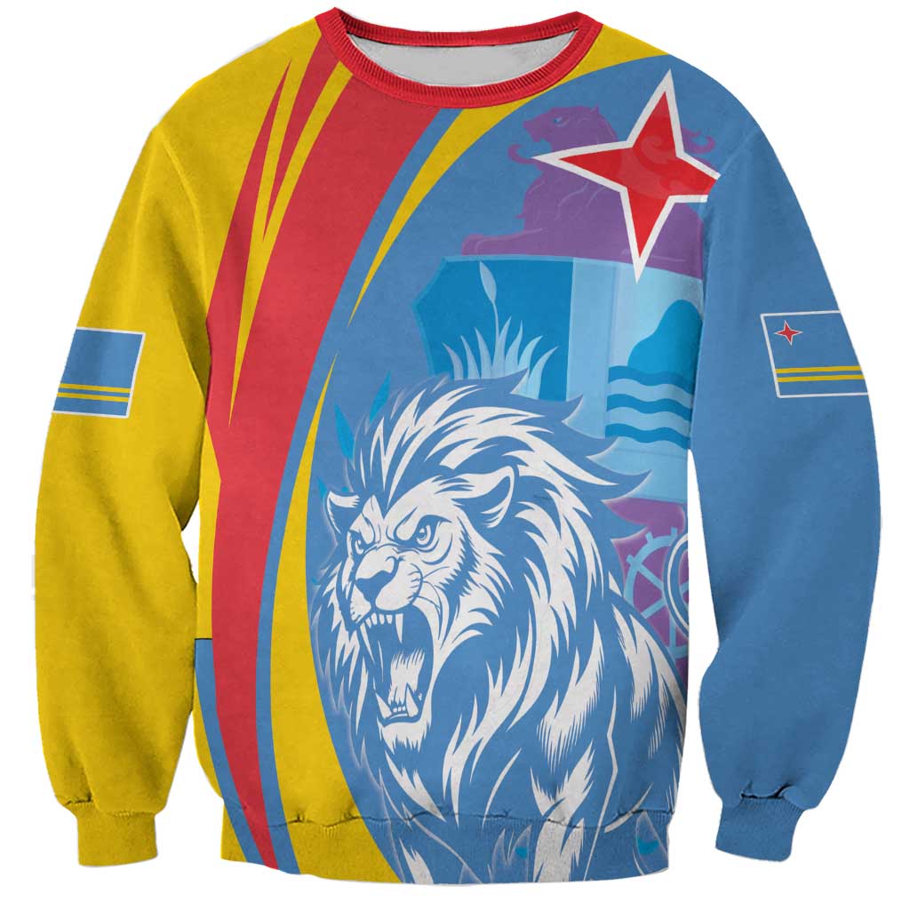 Unisex crewneck sweatshirt with roaring lion graphic on multicolor front, long sleeves