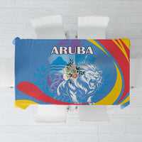 ARUBA tablecloth with roaring lion graphic and crest, blue yellow, and red