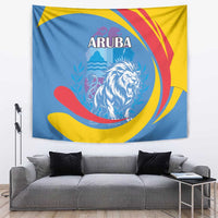 Aruba lion tapestry wall hanging with ARUBA text, blue yellow red design and roaring lion