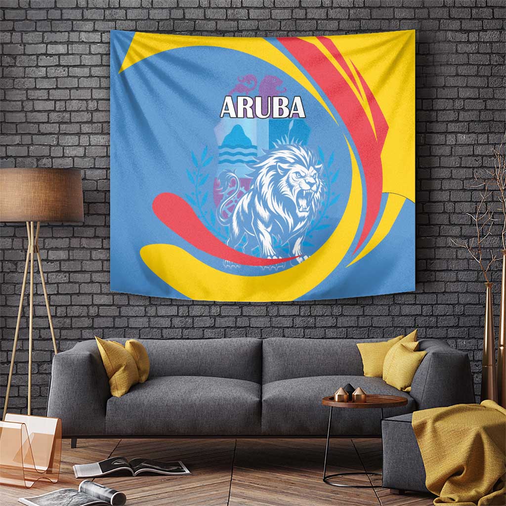 Aruba lion wall tapestry with ARUBA lettering, roaring lion portrait in blue, yellow, red
