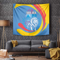 Aruba lion wall tapestry with ARUBA lettering, roaring lion portrait in blue, yellow, red