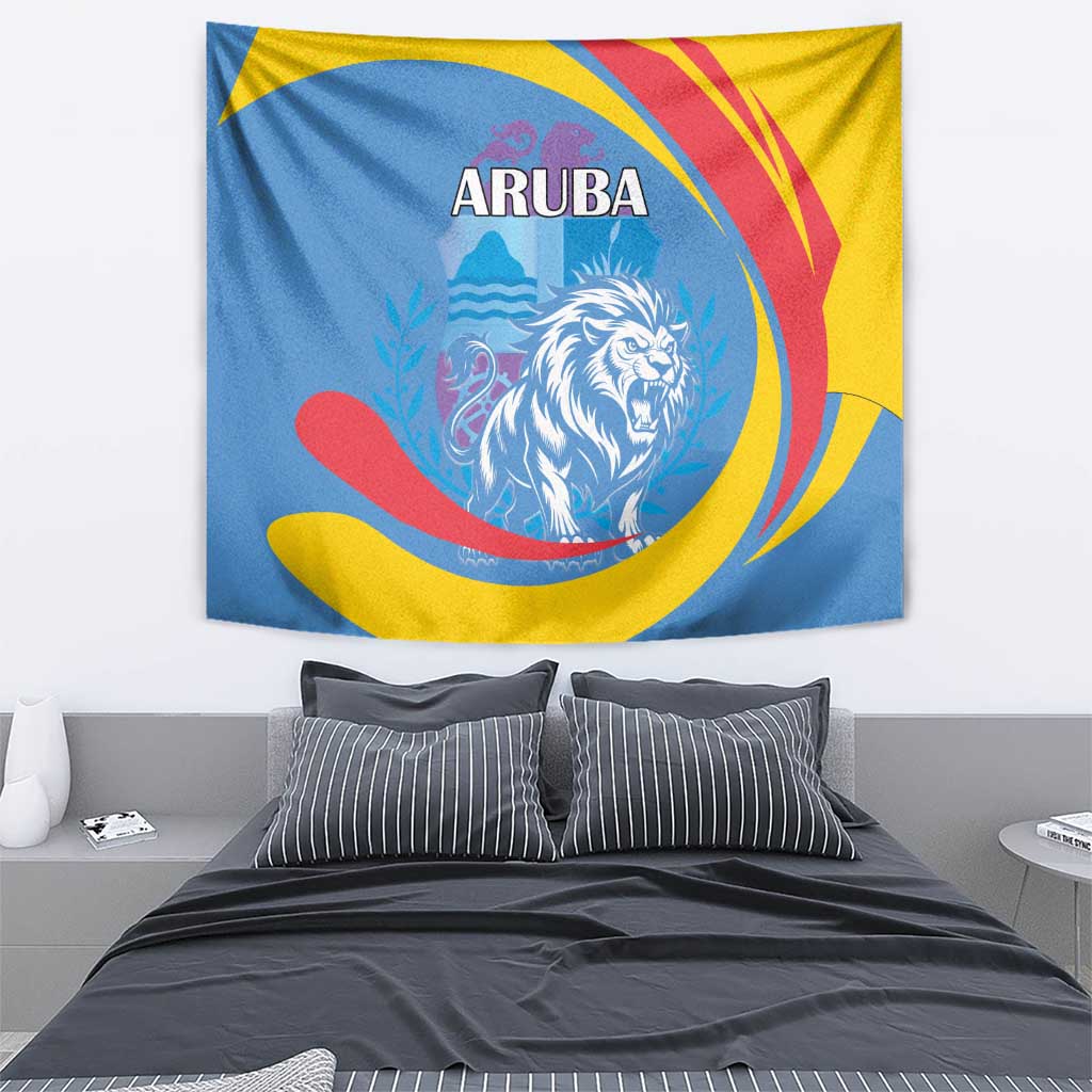 Aruba lion tapestry featuring ARUBA text and roaring lion graphic with blue, yellow, red