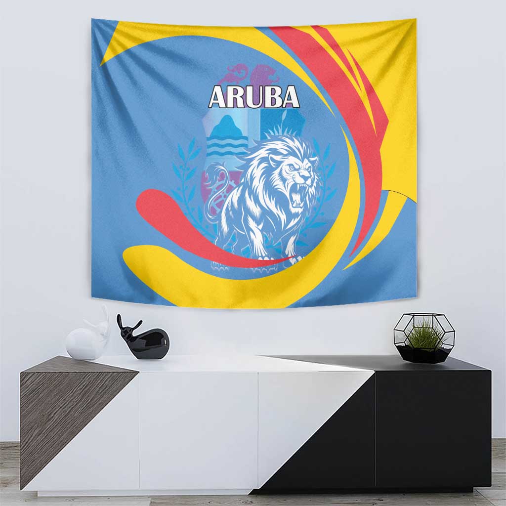 Aruba lion tapestry with ARUBA wordmark, roaring lion artwork in blue, yellow, red