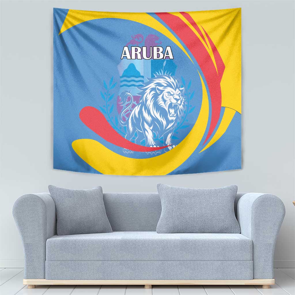 Aruba lion tapestry wall hanging with ARUBA title and bold blue, yellow, red swirl