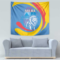 Aruba lion tapestry wall hanging with ARUBA title and bold blue, yellow, red swirl
